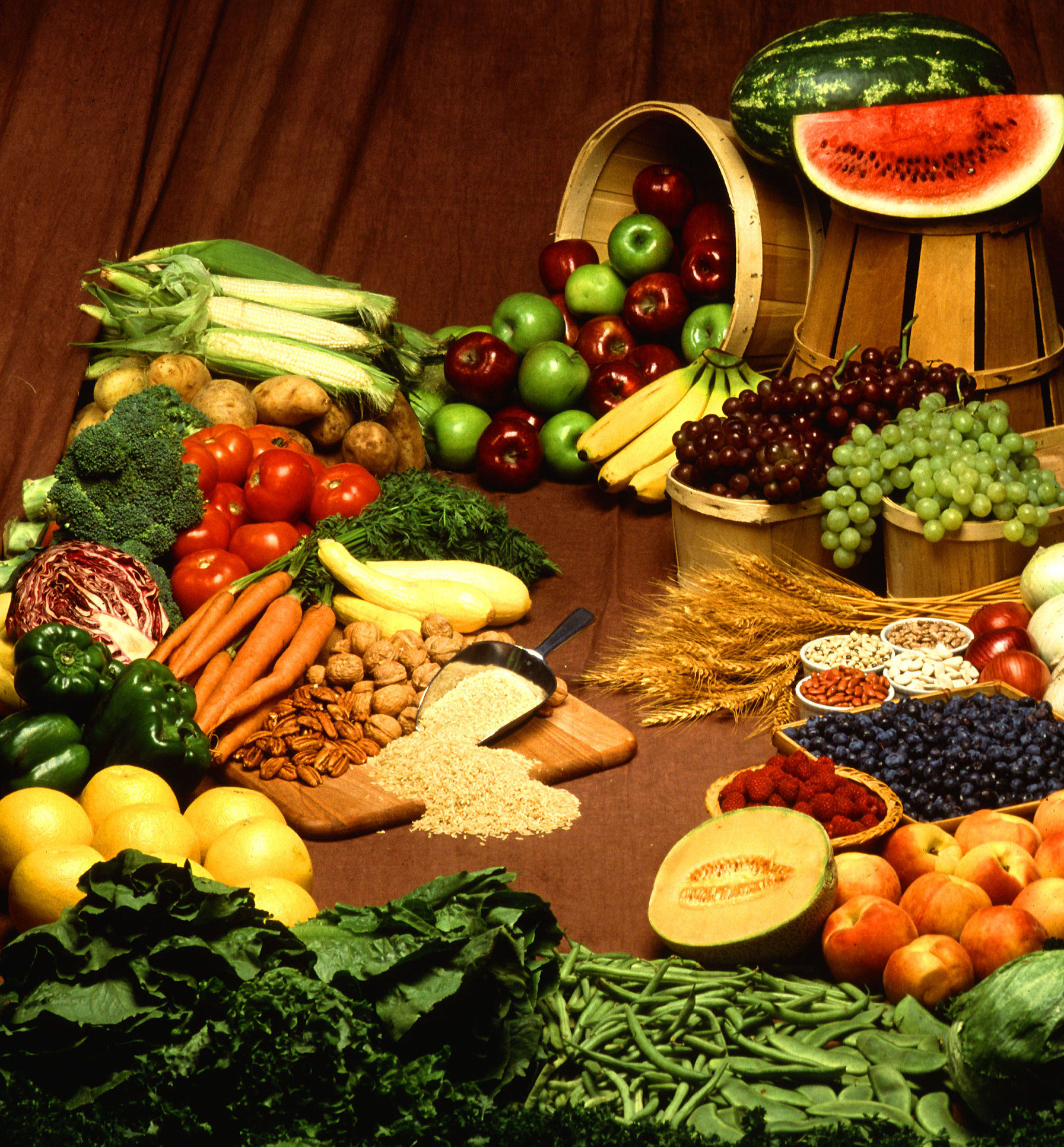 Assortment of fresh whole fruits and vegetables